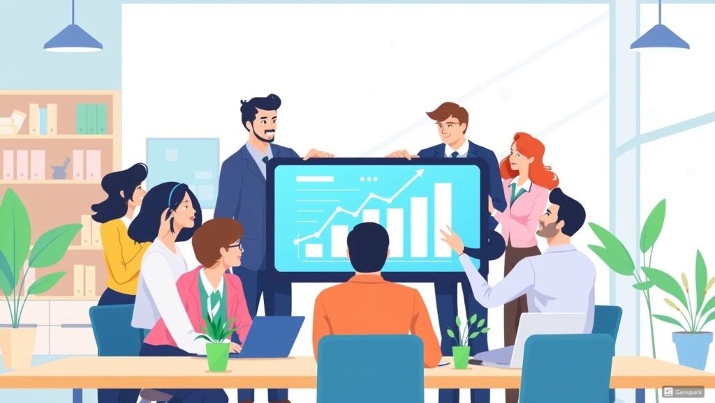 BtoBマーケティングの成果を示す右肩上がりのグラフをチームで確認するビジネスパーソンのイラスト。リード戦略による成長をイメージさせる。