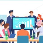 BtoBマーケティングの成果を示す右肩上がりのグラフをチームで確認するビジネスパーソンのイラスト。リード戦略による成長をイメージさせる。